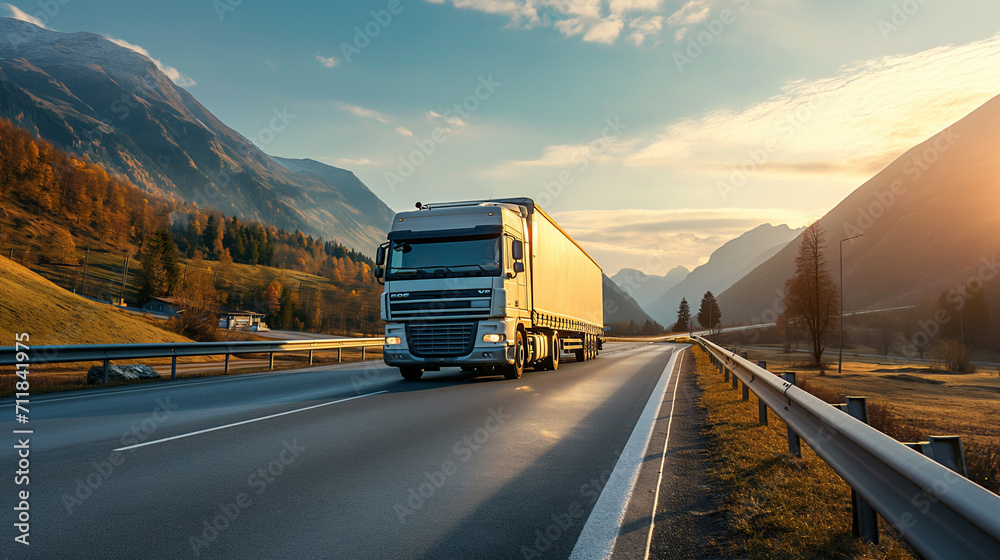 Modern white truck on highway with autumn trees and mountain backdrop, commercial transport, freight logistics, sunrise, road trip, scenic drive.