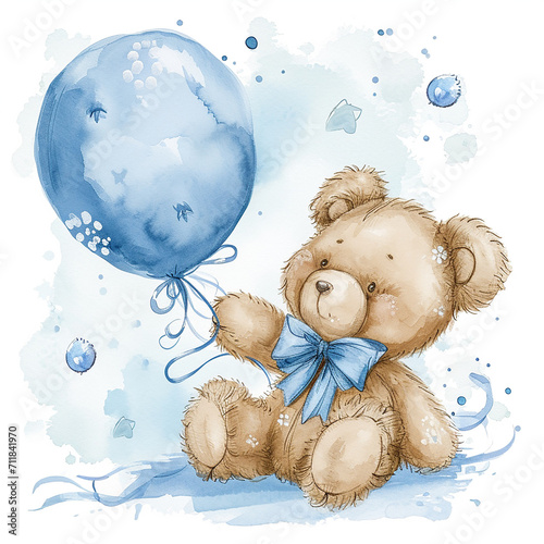 cute painted watercolor bear for the holiday with blue balloons