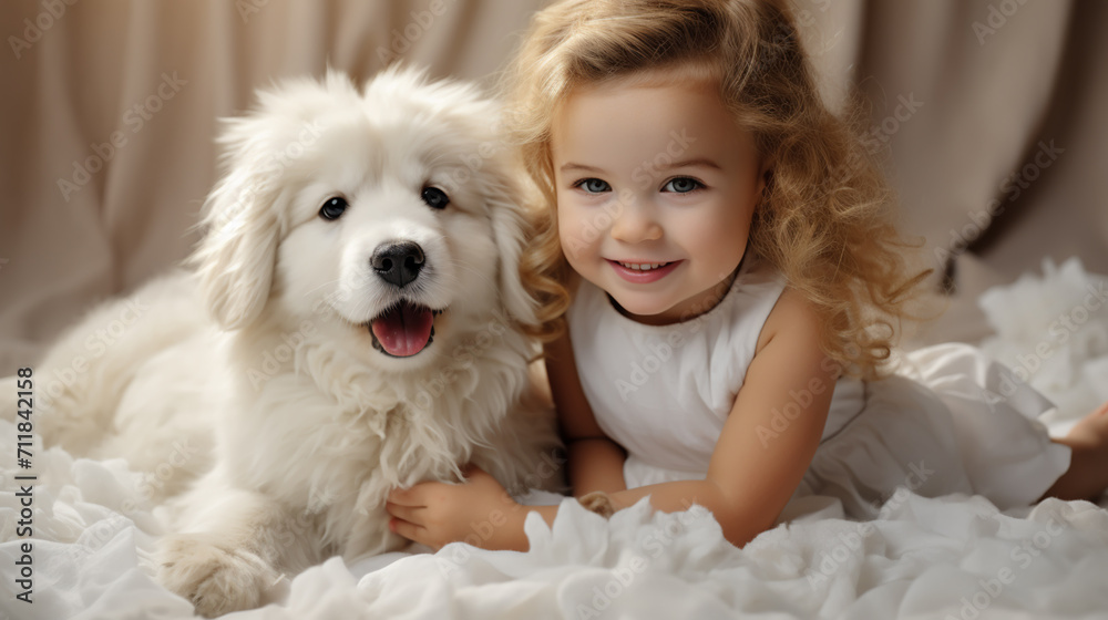 A portrait of a little cute toddler girl kissing dog