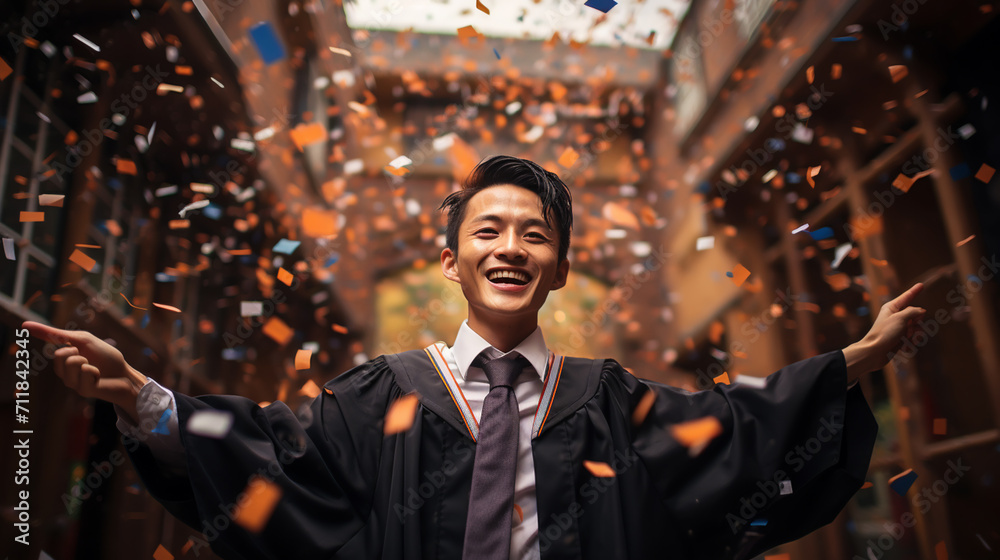 Graduating from university or college. Young happy university graduate standing with diploma in hand and expressing happiness with raised hands over university building background