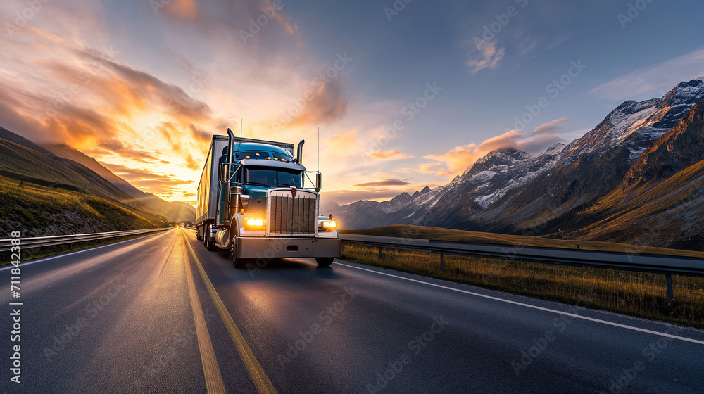 Sunset drive with powerful semi-truck on open road, freight transport, logistics service, highway speed, industry, delivery, dusk sky, travel, cargo.