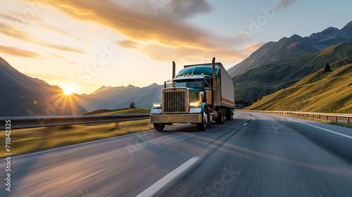 Classic semi-truck on highway at sunset, vibrant skies, long-haul freight, transportation industry, road journey, commercial vehicle, speed, logistics.
