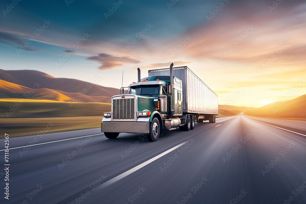 Transportation logistics at golden hour with semi-truck on highway, fast delivery, commercial freight, road travel, industry, sunset, dynamic.