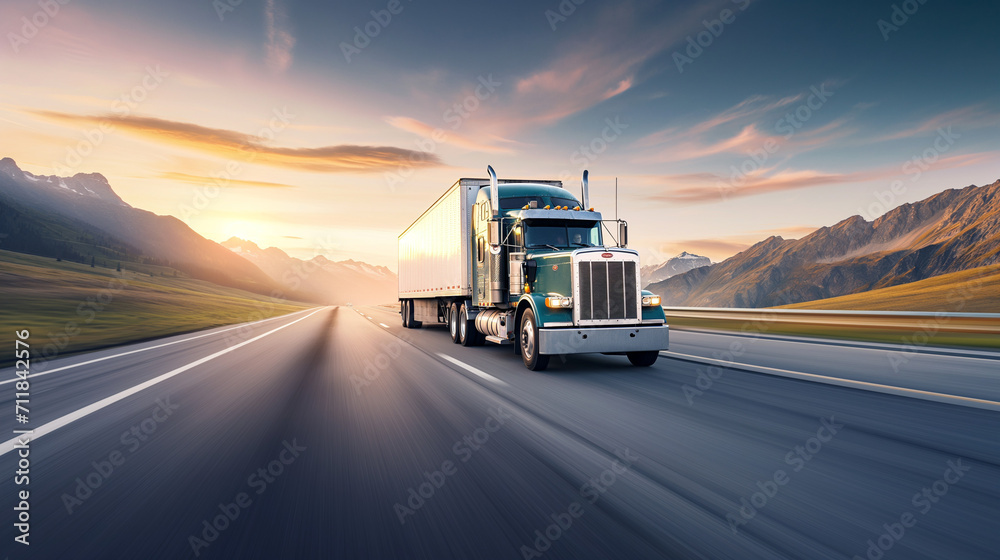 Big rig trucking at dusk, transport logistics, highway travel, sunset backdrop, freight industry, dynamic motion, cross-country, commercial delivery. Big rig trucking at dusk, transport logistics, highway travel, sunset backdrop, freight industry, dynamic motion, cross-country, commercial delivery.