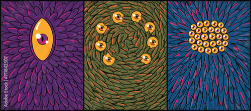 Scary mutant creature. Monster face.  Horror beast, grunge poster set