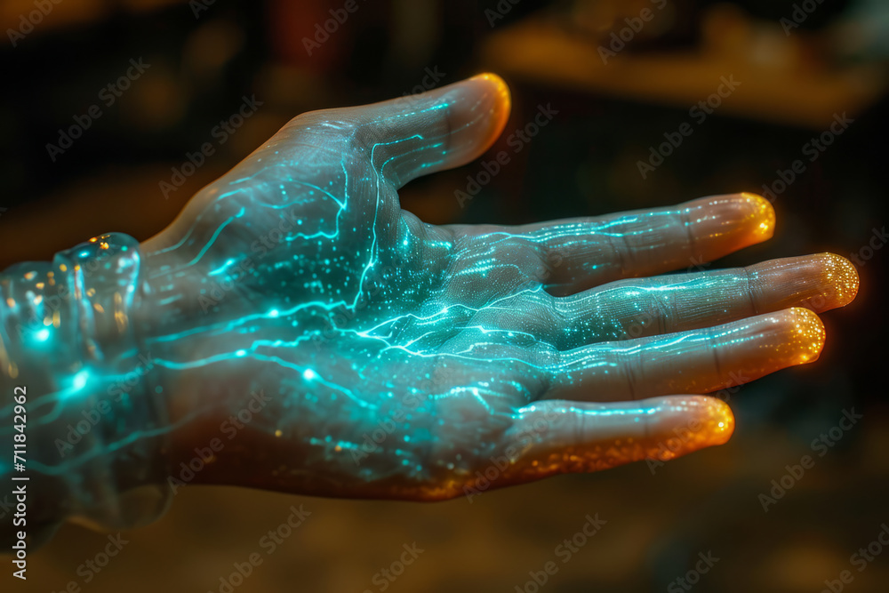 Close up of human hand with glowing electronic green line futuristic Close up of human hand with glowing electronic green line futuristic