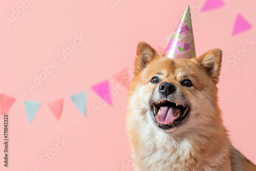 happy shiba inu dog celebrating with birthday hat on pink background photo