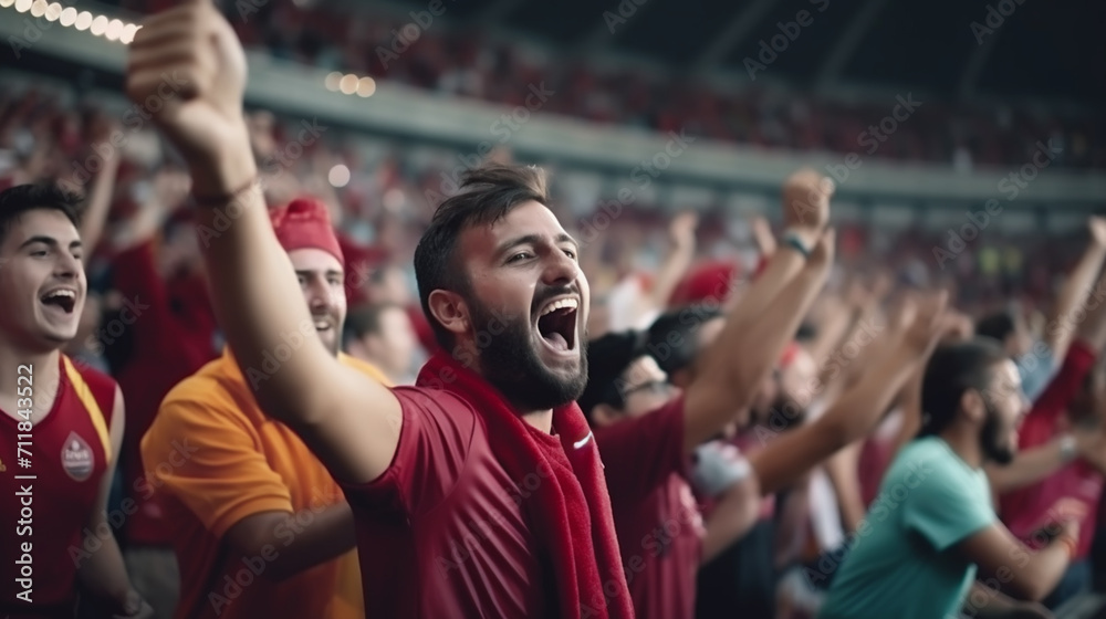group of fans dressed in red color watching a sports event in the stands of a stadium group of fans dressed in red color watching a sports event in the stands of a stadium