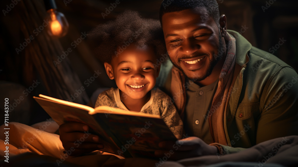 Father reading book to children on bed Father reading book to children on bed
