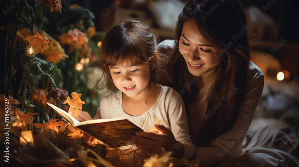 mother and child girl reading a book in bed before going to sleep