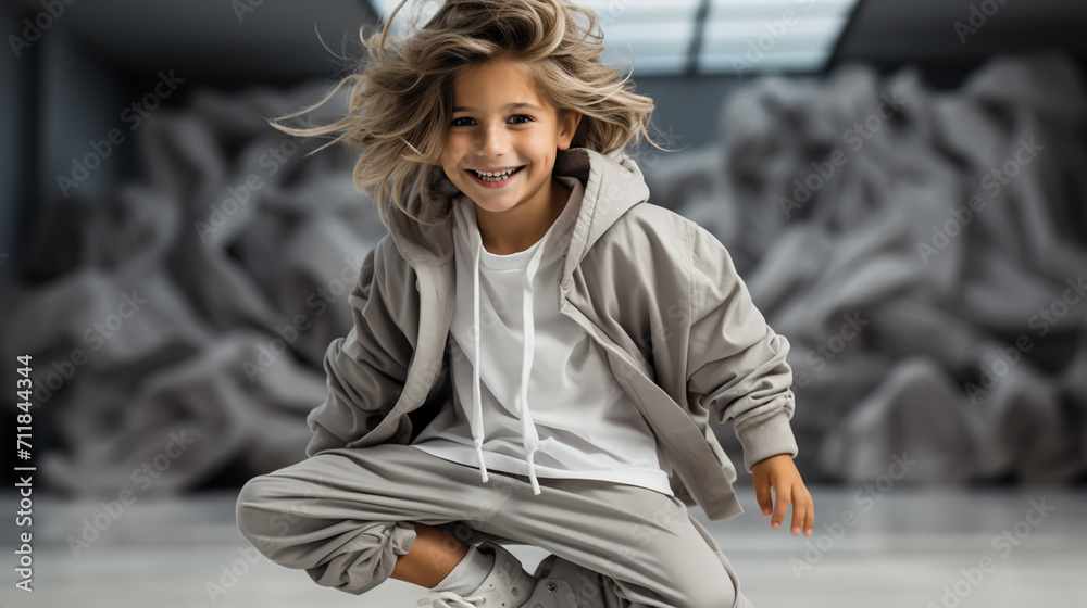 little break dancer showing his skills on grey background. Hip hop ...