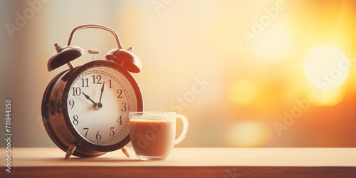 alarm clock and cup of coffee. concept of healthy sleep photo