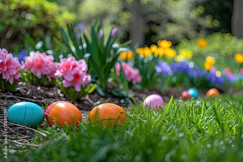 A colorful Easter egg hunt in a garden filled with blooming flowers
