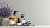 Beauty product display, slender flacons and oils, arranged with fresh lavender, on a monochrome ivory surface