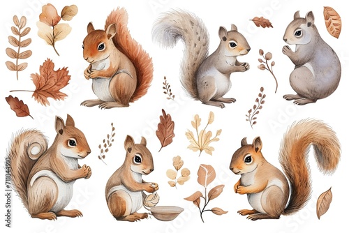 Set of Squirrel in different poses, watercolor style design