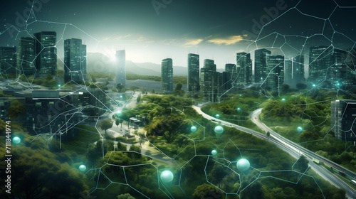 Sprawling green community with Digital smart city infrastructure and rapid data network. Digital city  smart society  smart homes  digital community. DX  IOT  digital network concept.