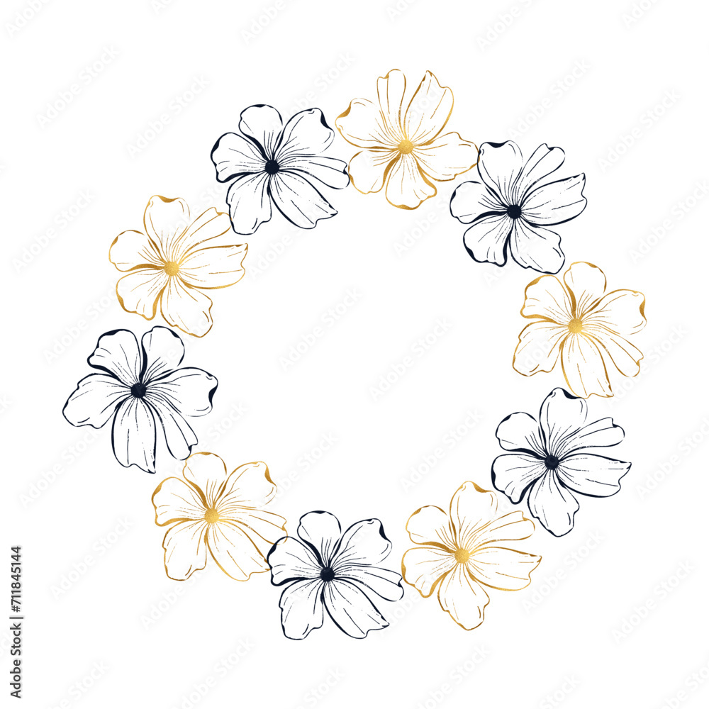 Flower golden frame Poppy flower wreath, round frame for card or invite. Vector line art hand drawn illustration for card or invitation, coloring pages Flower golden frame Poppy flower wreath, round frame for card or invite. Vector line art hand drawn illustration for card or invitation, coloring pages