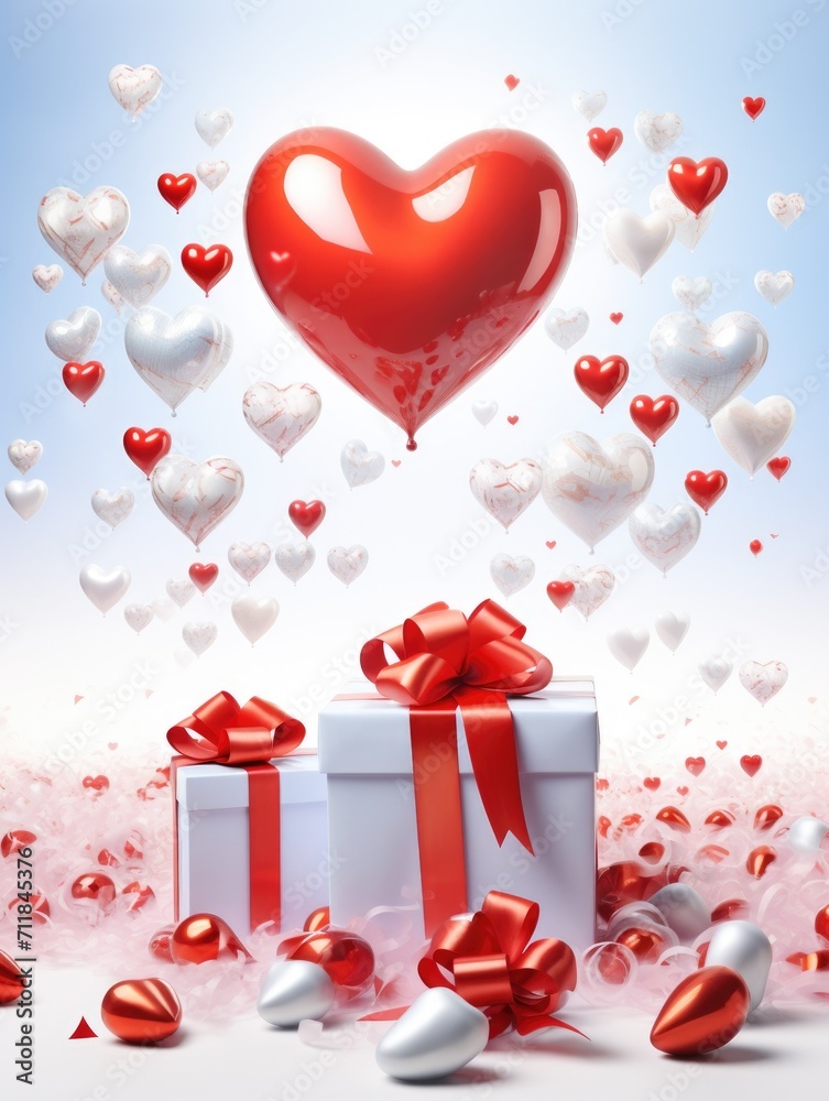 Gift boxes with red ribbon and hearts on a white background. Valentine's day