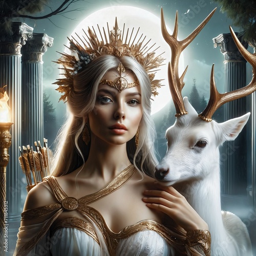 Artemis or Diana Greek goddess of hunt, wilderness, nature, vegetation and childbirth. White Stag. Daughter of Zeus. Goddess of Olympus. Ancient Greek mythology. Silver arrows. Generative AI