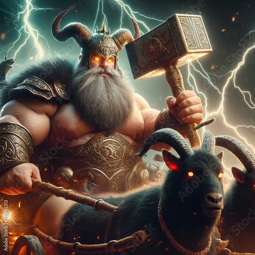 The great Nordic god Thor with his chariot, goats and his hammer Mjölnir. God of thunder, lightning, strength and fertility. Ancient Norse mythology. Scandinavian. Germanic paganism. Generative AI photo