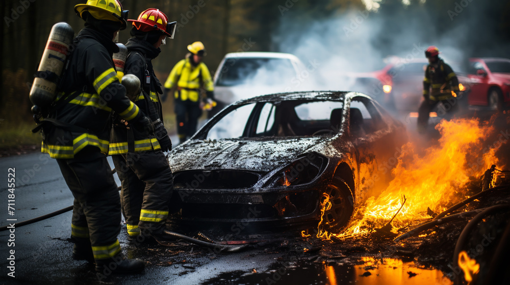 Obraz premium Car Crash Traffic Accident: Paramedics and Firefighters