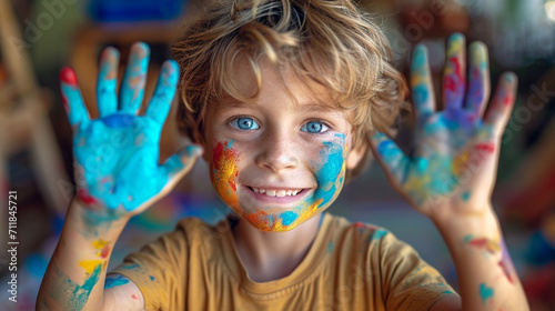Colorful painted hands in a beautiful young kid. Art, childhood concept