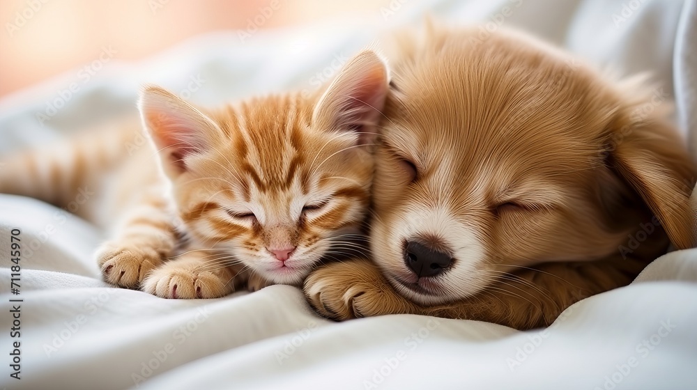 Endearing cat and dog cuddled up together in a blissful slumber on a soft white carpet