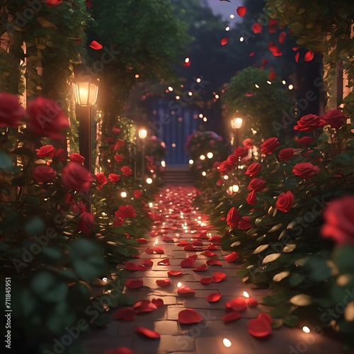 Dreamlike atmosphere with an evening pathway strewn with red rose petals  creating a magical and enchanting scene. Generative AI