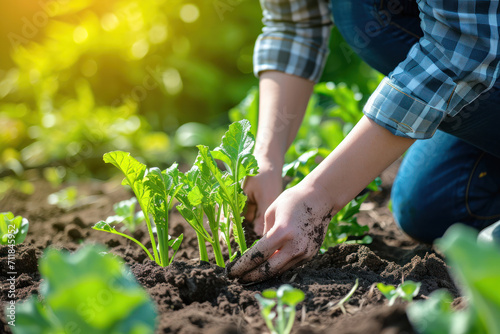Nurturing Growth  Gardener Tending to Young Salad Plants