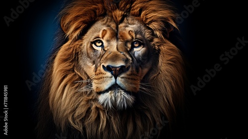 Majestic lion with radiant mane standing alone on black background, captivating wildlife portrait © Andrei
