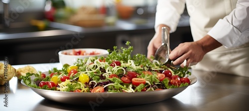 Chef preparing fresh and healthy vegetable salad in a modern, well lit restaurant kitchen