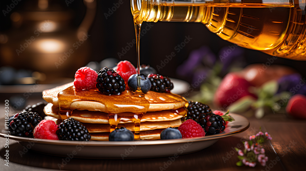 Honey is pouring onto delicious pancakes on a plate with berries on table. - obrazy, fototapety, plakaty 