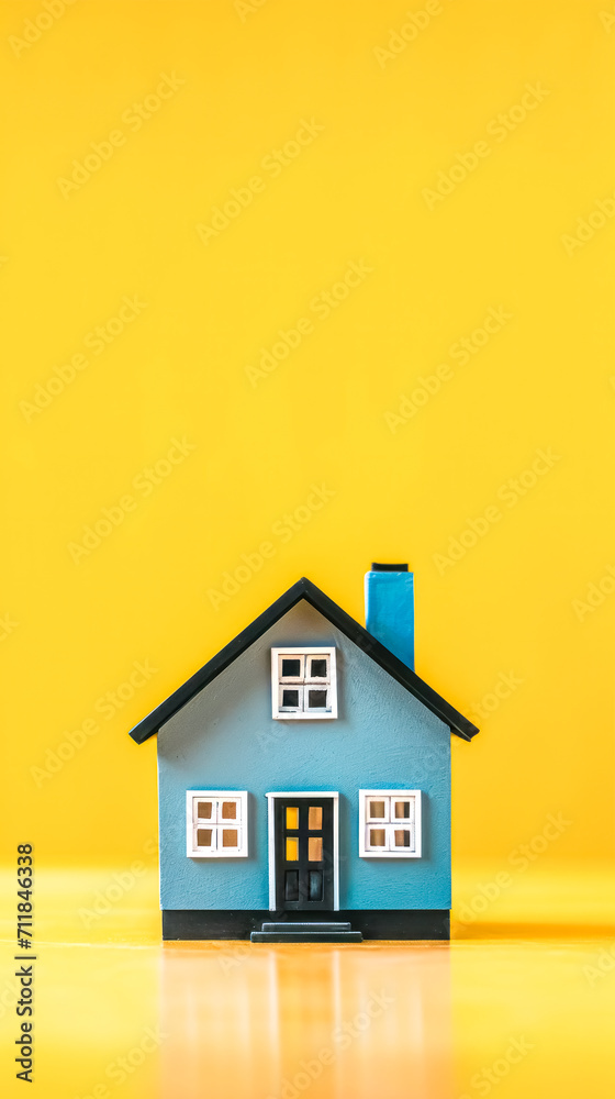 miniature house with a blue facade and a bright blue chimney, set against a vibrant yellow background, evoking themes of home, comfort, and the simplicity of domestic life