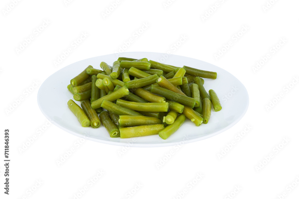 Boiled green beans in white place top view isolated on white background with png. Boiled green beans in white place top view isolated on white background with png.