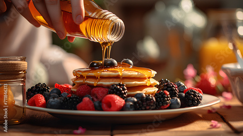 Honey is pouring onto delicious pancakes on a plate with berries on table. photo