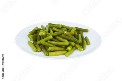 Boiled green beans in white place top view isolated on white background with png.
