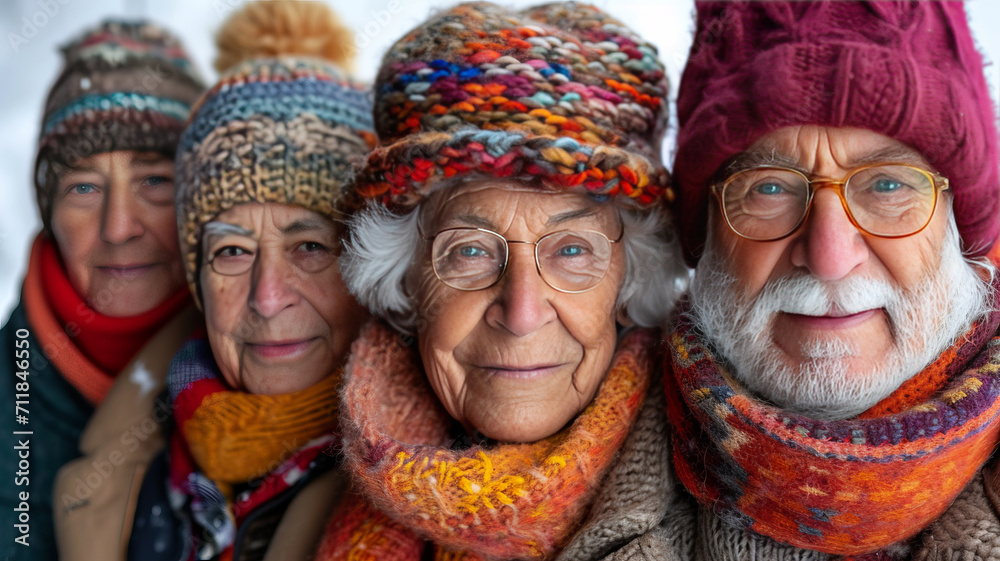 A group of elderly people in winter clothes smile looking at the camera generative ai