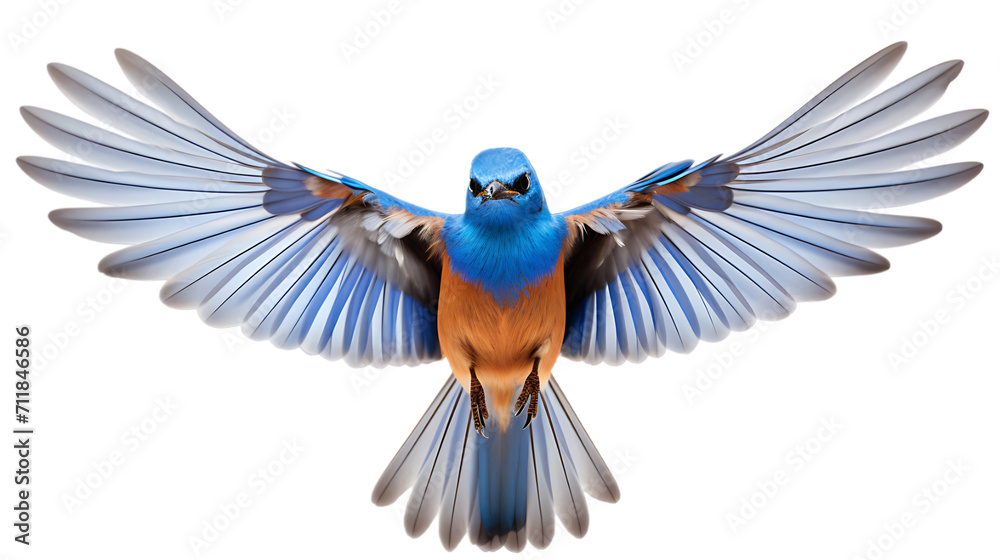 a vibrant bluebird gracefully opening its wings against a clean white background, captured in high definition for a detailed and realistic view on white background png