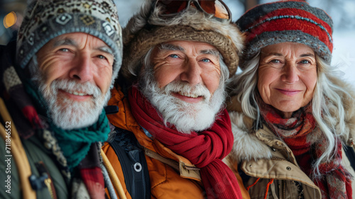 A group of elderly people in winter clothes smile looking at the camera generative ai