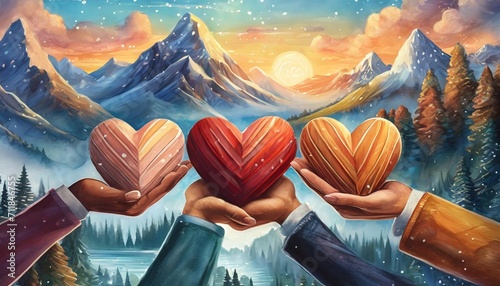 hearts in hands of people different races symbolize kindness and charity towards ethnic minorities photo