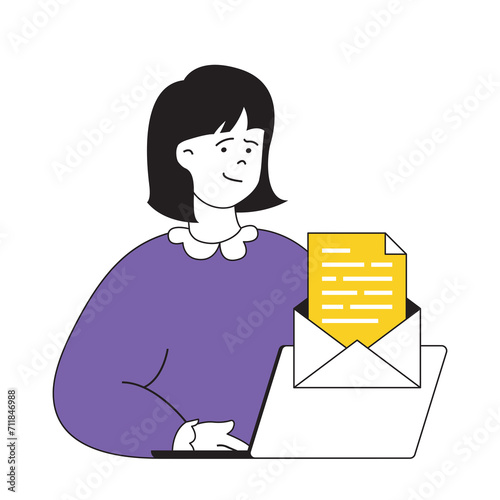Recruitment concept with cartoon people in flat design for web. Woman gets business email with job offer and thinking about contract. Vector illustration for social media banner, marketing material.