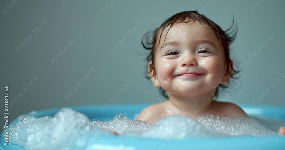 Baby infant taking bath, looking upwards and playing Baby infant taking bath, looking upwards and playing