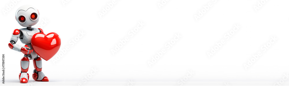 A banner for advertising an electronics store. The robot holds the heart isolated on a white background. Banner for Valentine's Day A banner for advertising an electronics store. The robot holds the heart isolated on a white background. Banner for Valentine's Day