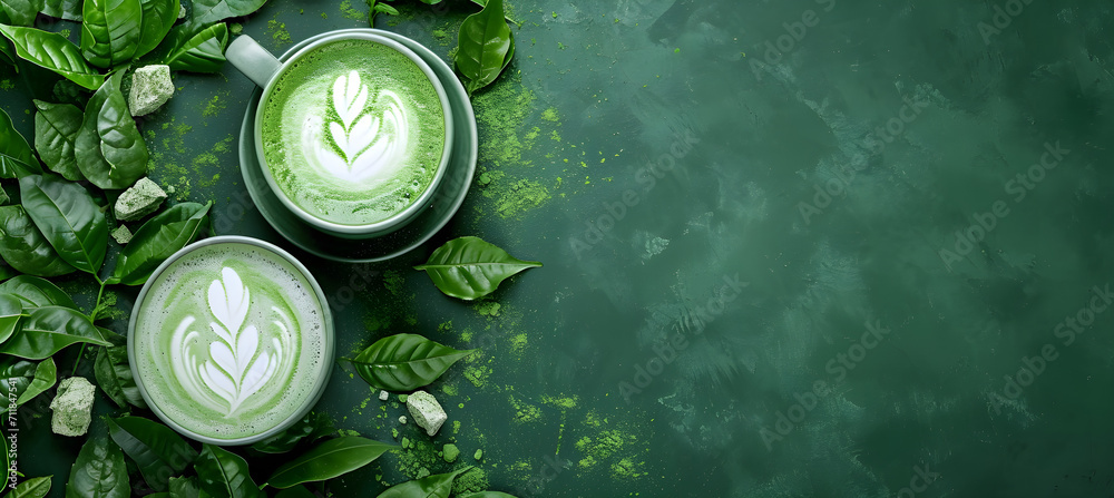 Matcha latte top view on the green background - obrazy, fototapety, plakaty 