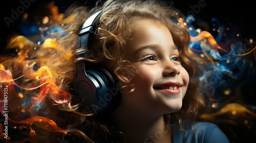 Cute little girl listening to music in headphones on bright background. © alexkich