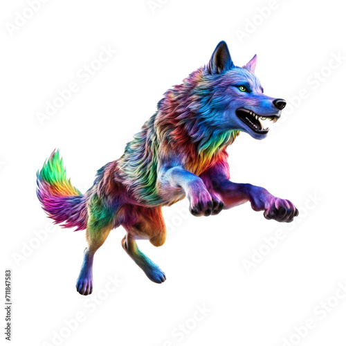 A colourful wolf jumping isolated cartoon with a white background made by AI.