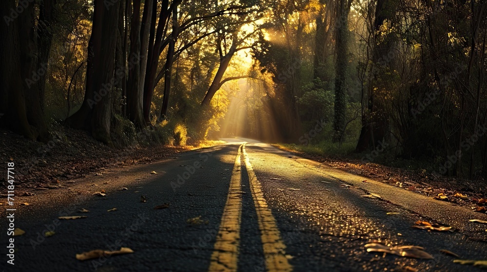 Fototapeta premium Autumn road in the forest with sun rays passing through the trees