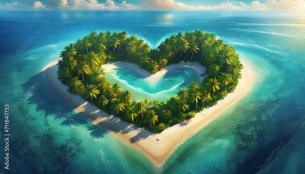 island in the ocean with heart shaped green palm trees top view ...