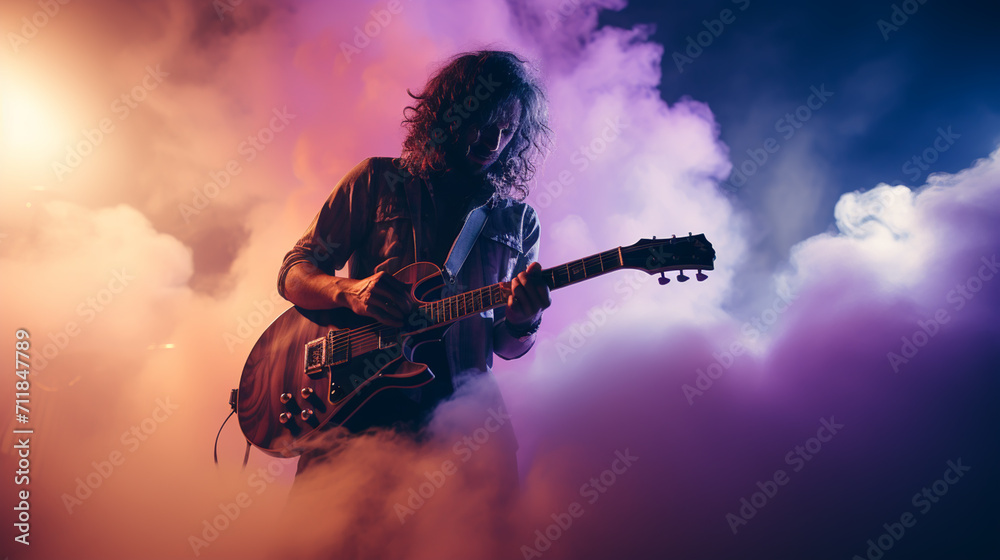 A guitar player making rock during concert. Rock band performs on stage. Guitarist plays solo. - obrazy, fototapety, plakaty 