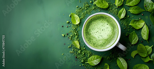 Matcha latte top view on the green background